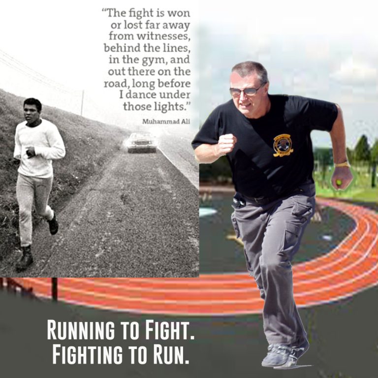 Muhammad Ali out for a training run, with an image of Hock running on a track.