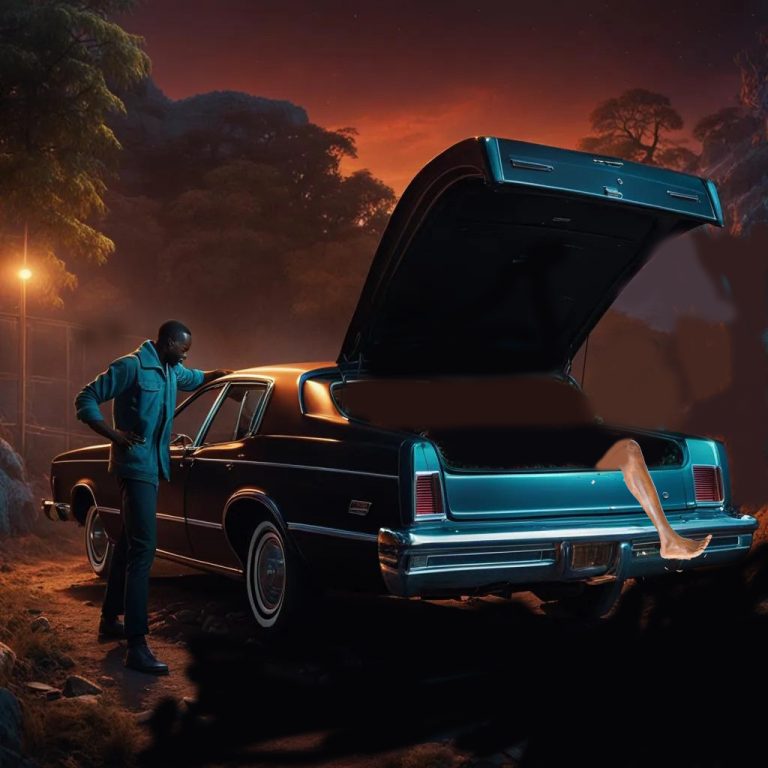 Illustration of a person standing next to an older model car with the trunk lid open and a leg hanging out of the trunk