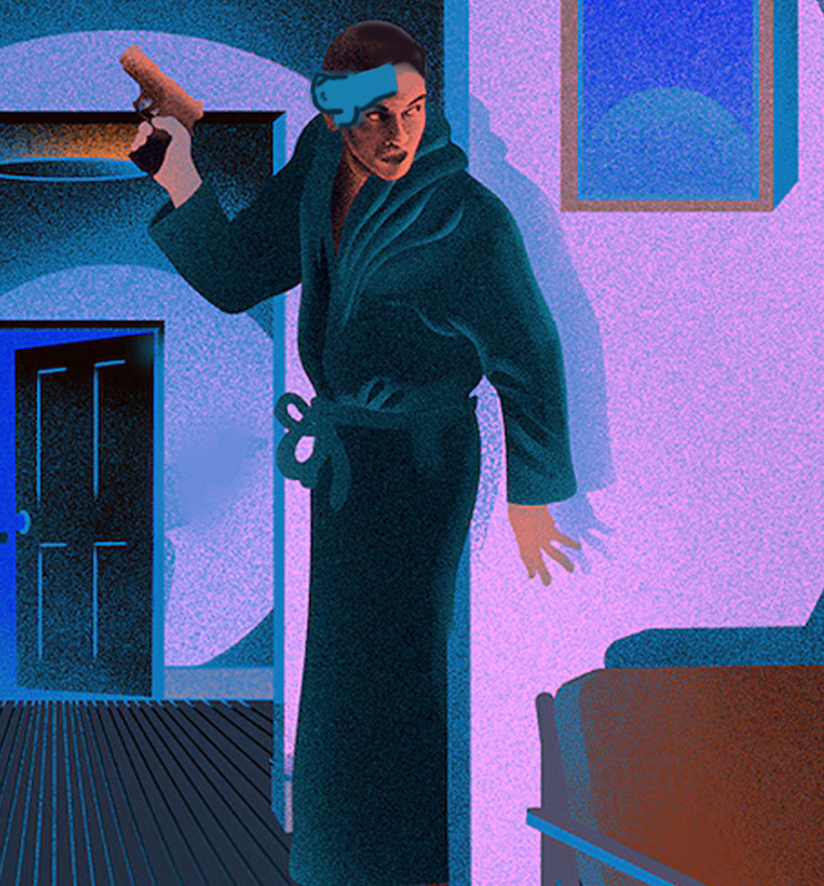 graphic art image of a person in a bath robe defending their home at night