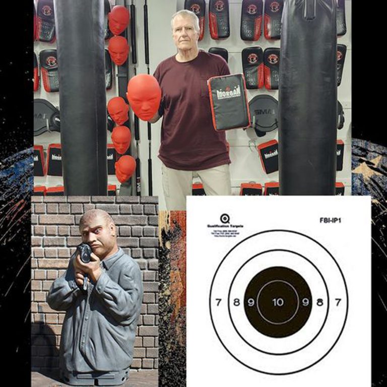 Hock standing in a boxing gym holding equipment. An image of a mannequin holding a rifle. A ballistic target in the lower right corner.