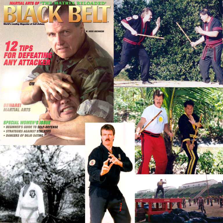 A collage of photos showing Hock on the cover of Black Belt magazine, and in the Philippines with Grandmasters Ernesto and Remy Presas.