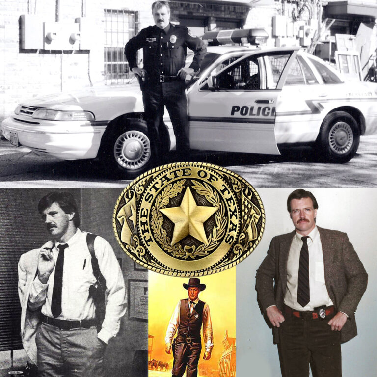 A collage of images of W. Hock Hochheim standing next to his City of Denton Police department squad car and as a detective.