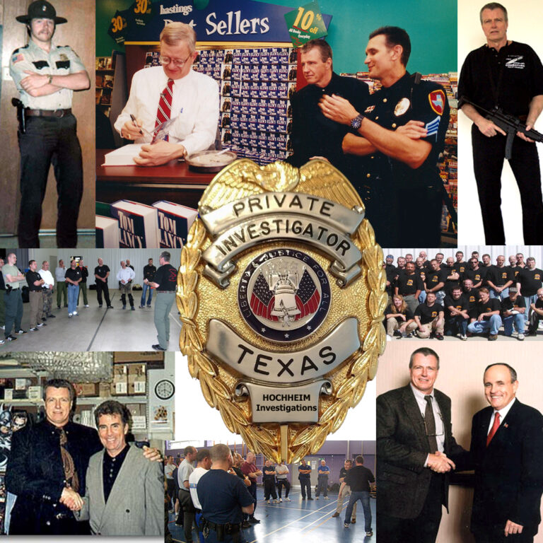 A collage of images of Hock with celebrities John Walsh, from America's Most Wanted, New York Mayor Rudy Guliani, and author Tom Clancy to name a few.