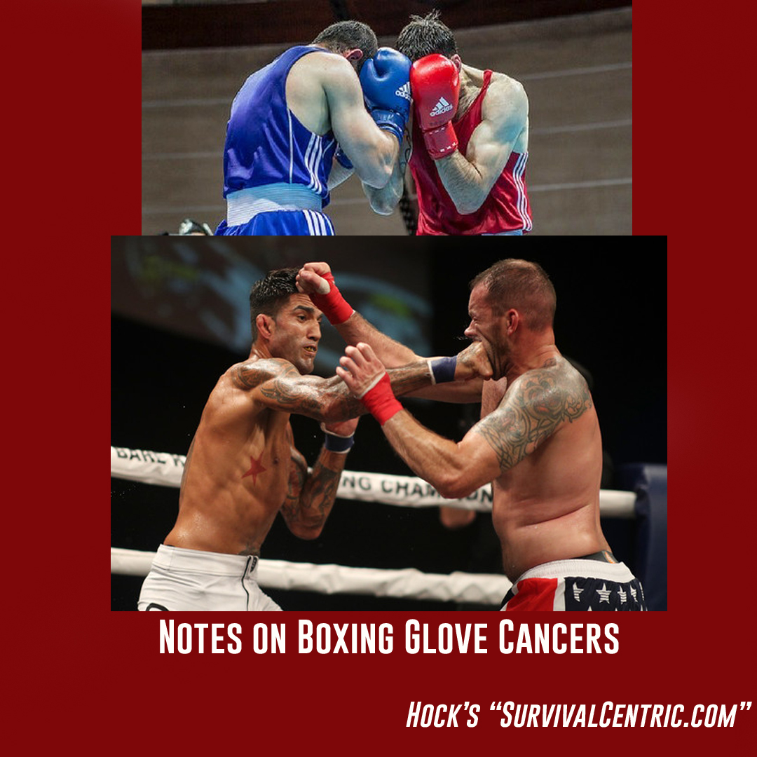 Composite image: two boxers sparring in a ring on a red background with the headline 'Notes on Boxing Glove Cancers' and SurvivalCentric branding below.