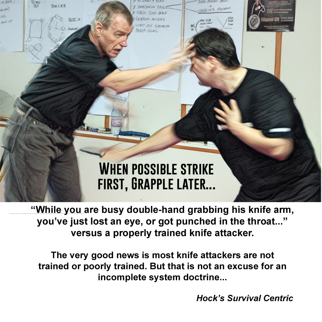 Two men sparring in a training room, one grabbing the other while they move in a defensive stance; meme caption reads 'When possible strike first, grapple later...'.